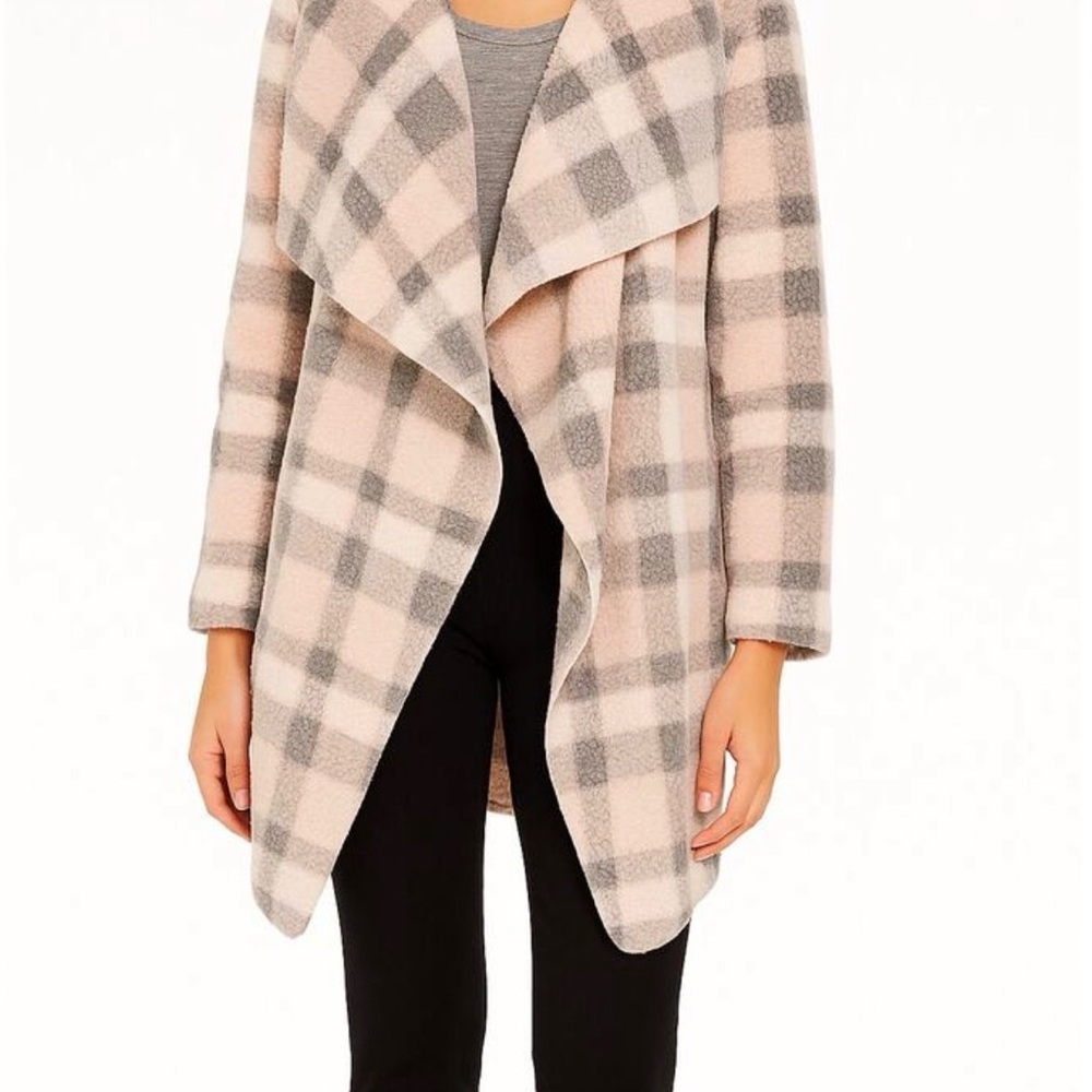 Plaid Open-Front Women’s Fleece Cardigan - Blush Gray